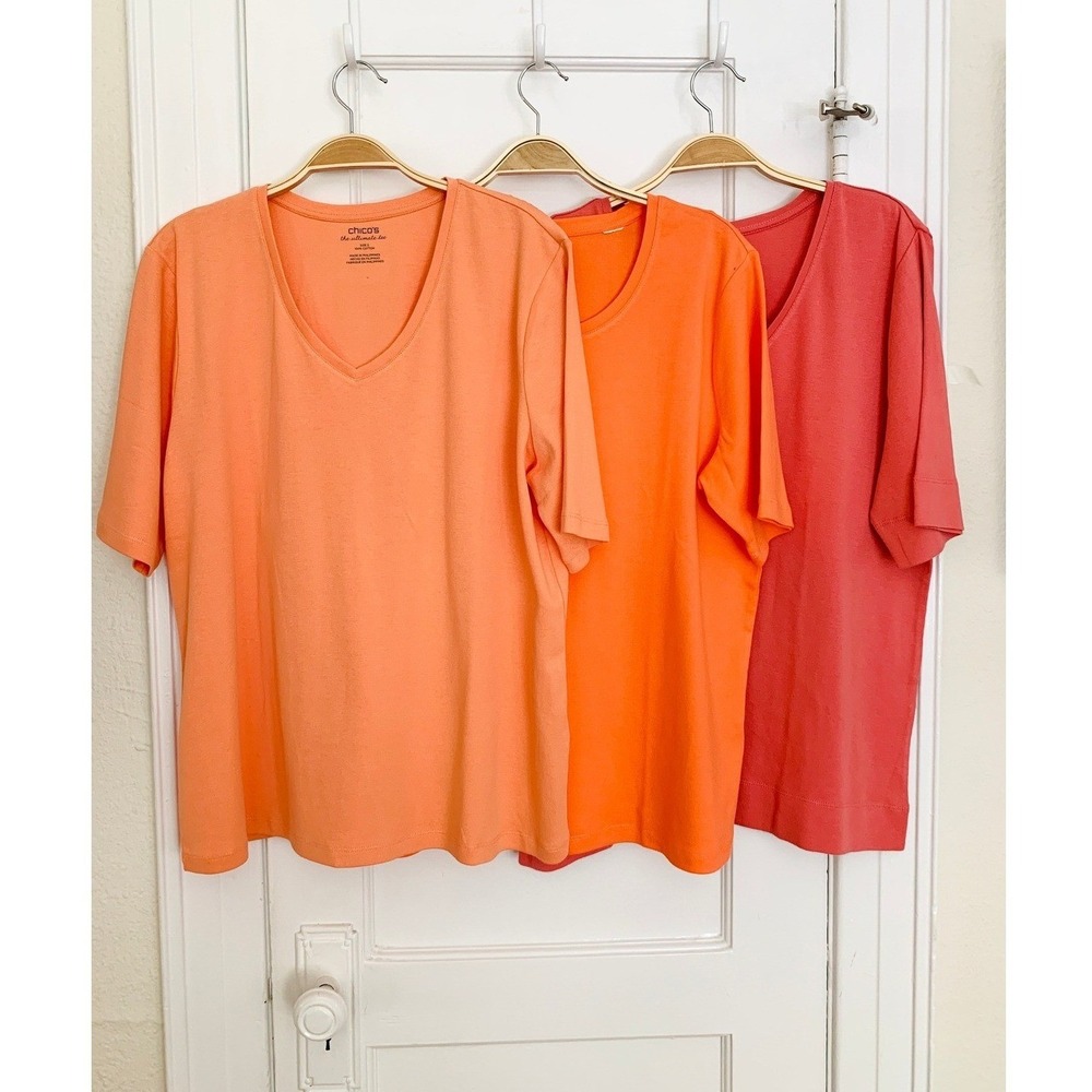 Chicos Set of 3 Sunset Colors Pima Cotton T-Shirts SZ 3 XL V-Neck Scoop NWOT